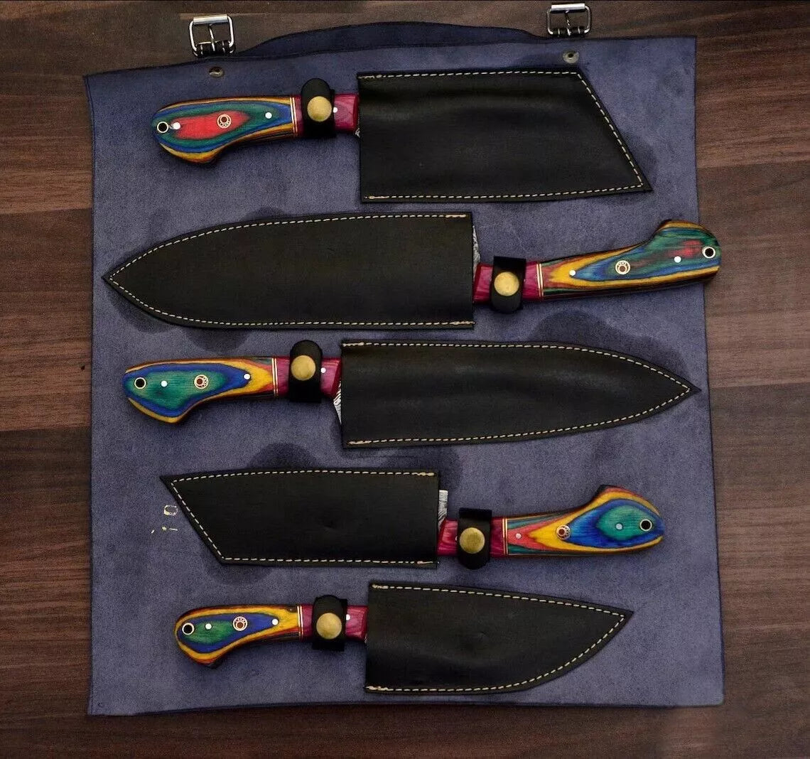 Colorful 5-Piece Damascus Knife Set and Leather Roll Bag