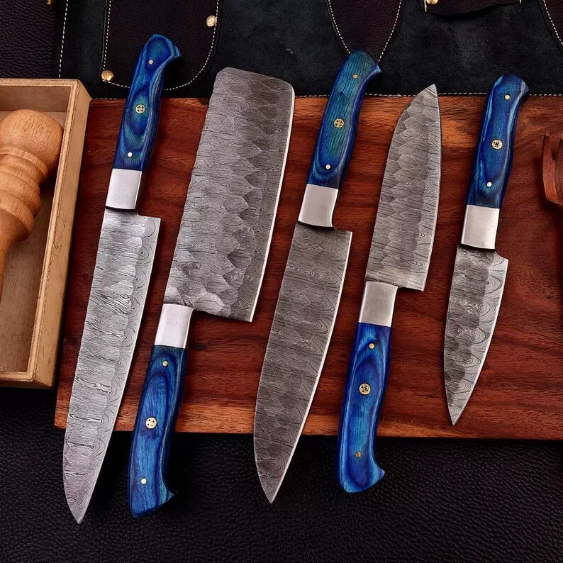 Marine 5-Piece Damascus Knife Set and Leather Roll Bag