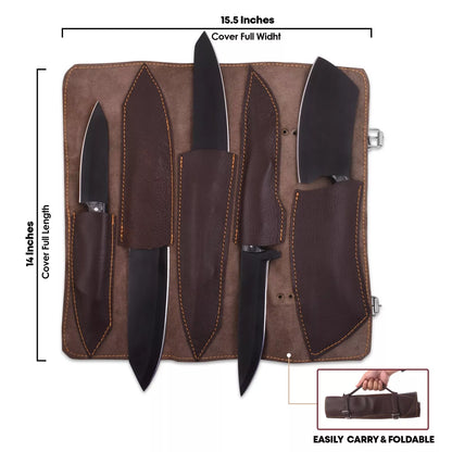 Carbonado 5-Piece Stonewashed Steel Knife Set and Leather Roll Bag