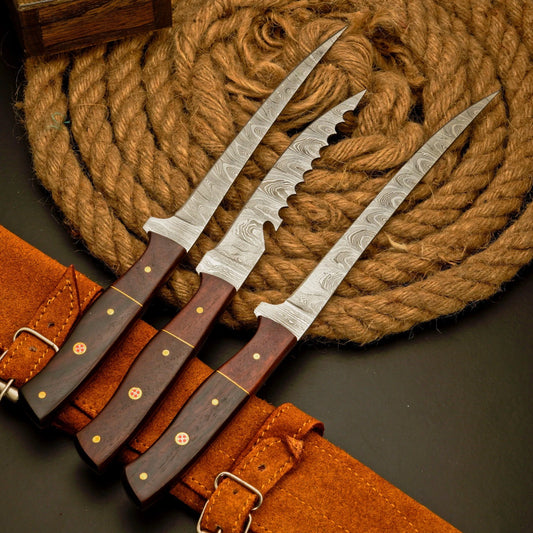 Kaizen 3-Piece Damascus Fillet Knife Set with Leather Roll Bag