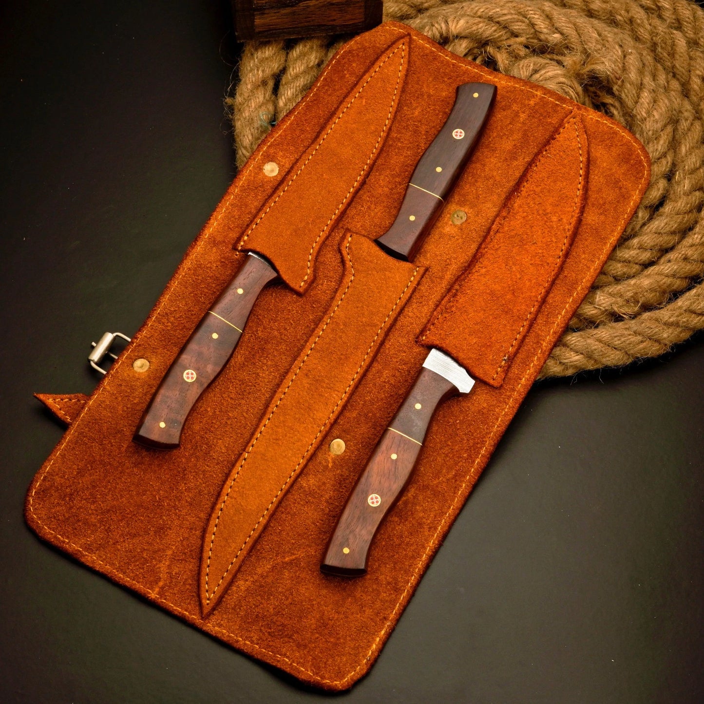 Kaizen 3-Piece Damascus Fillet Knife Set with Leather Roll Bag
