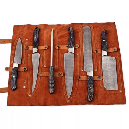 Black Wood 6-Piece Damascus Steel Knife Set and Leather Roll Bag