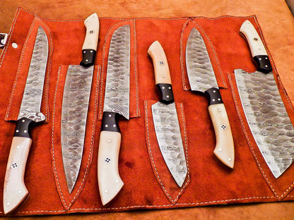 Bone 6-Piece Damascus Knife Set and Leather Roll Bag