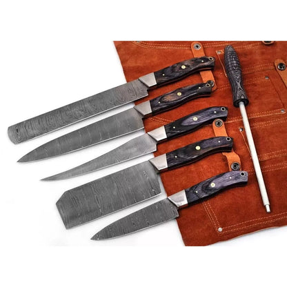 Black Wood 6-Piece Damascus Steel Knife Set and Leather Roll Bag