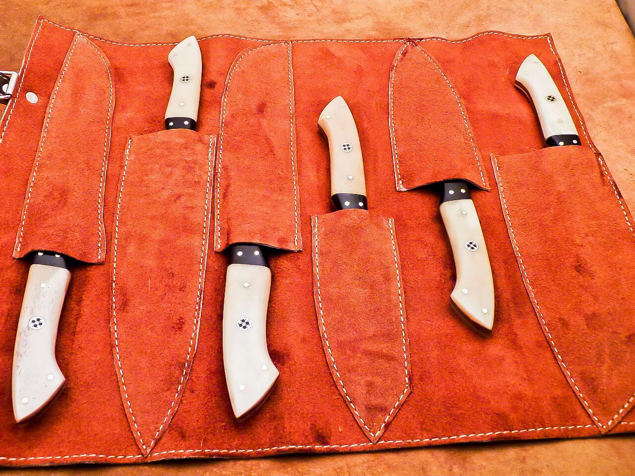 Bone 6-Piece Damascus Knife Set and Leather Roll Bag