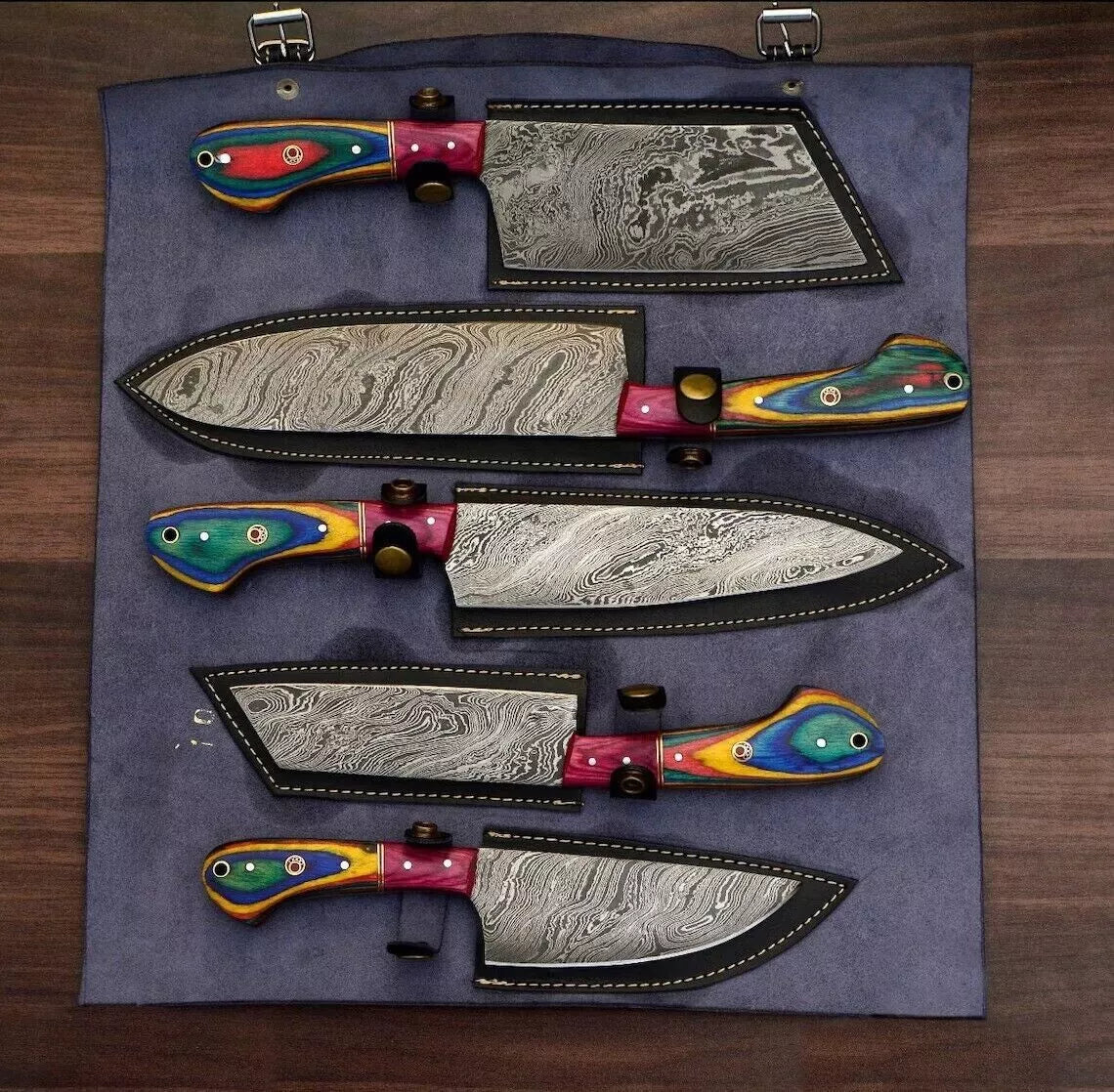 Colorful 5-Piece Damascus Knife Set and Leather Roll Bag