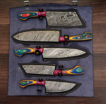 Colorful 5-Piece Damascus Knife Set and Leather Roll Bag