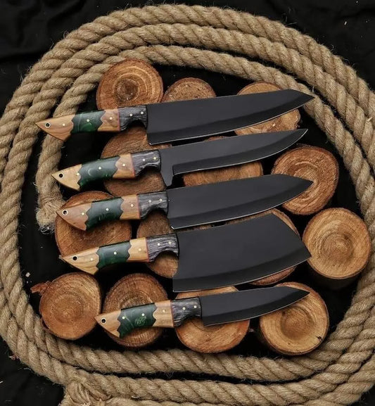 Forest Wood 5-Piece Black Damascus Steel Knife Set