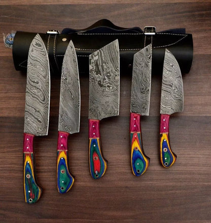 Colorful 5-Piece Damascus Knife Set and Leather Roll Bag