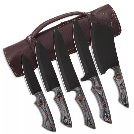 Carbonado 5-Piece Stonewashed Steel Knife Set and Leather Roll Bag