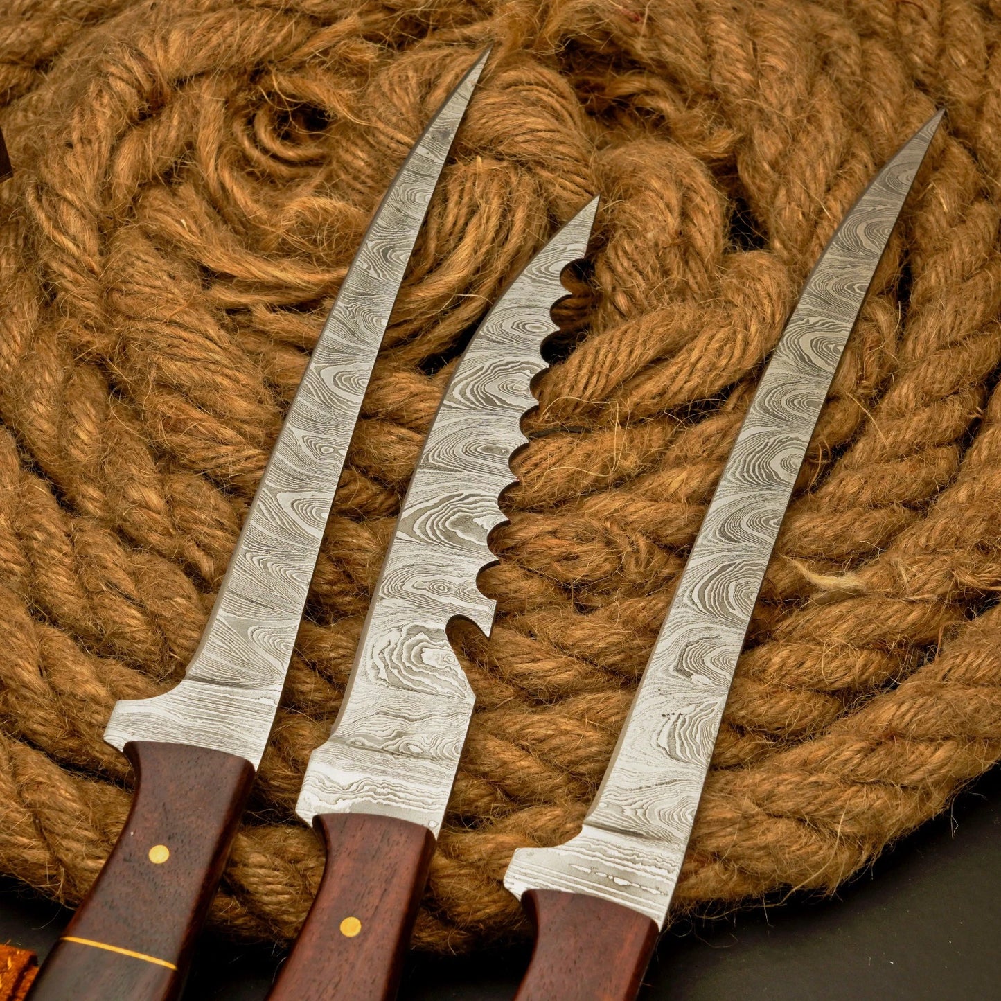 Kaizen 3-Piece Damascus Fillet Knife Set with Leather Roll Bag