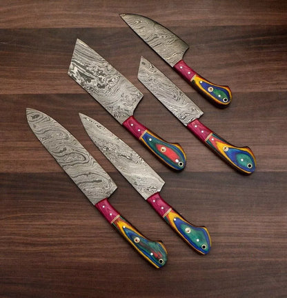 Colorful 5-Piece Damascus Knife Set and Leather Roll Bag