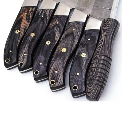 Black Wood 6-Piece Damascus Steel Knife Set and Leather Roll Bag