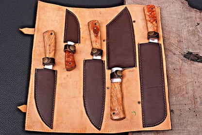 Kurogane 5-Piece Damascus Steel Knife Set and Leather Roll Bag
