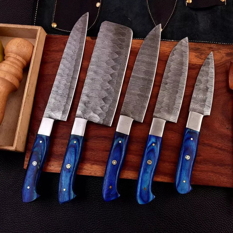 Marine 5-Piece Damascus Knife Set and Leather Roll Bag