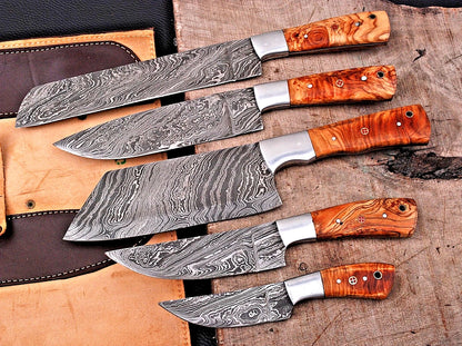 Kurogane 5-Piece Damascus Steel Knife Set and Leather Roll Bag