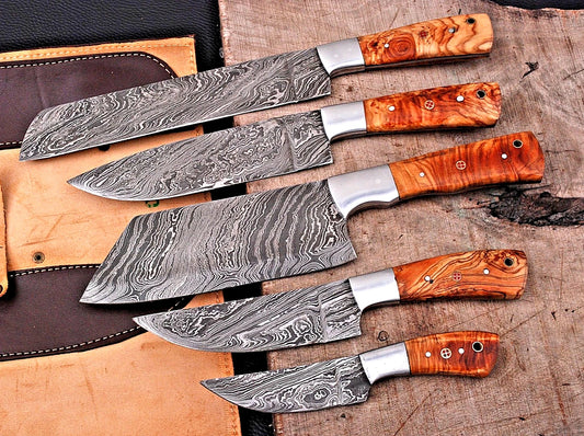 Kurogane 5-Piece Damascus Steel Knife Set and Leather Roll Bag
